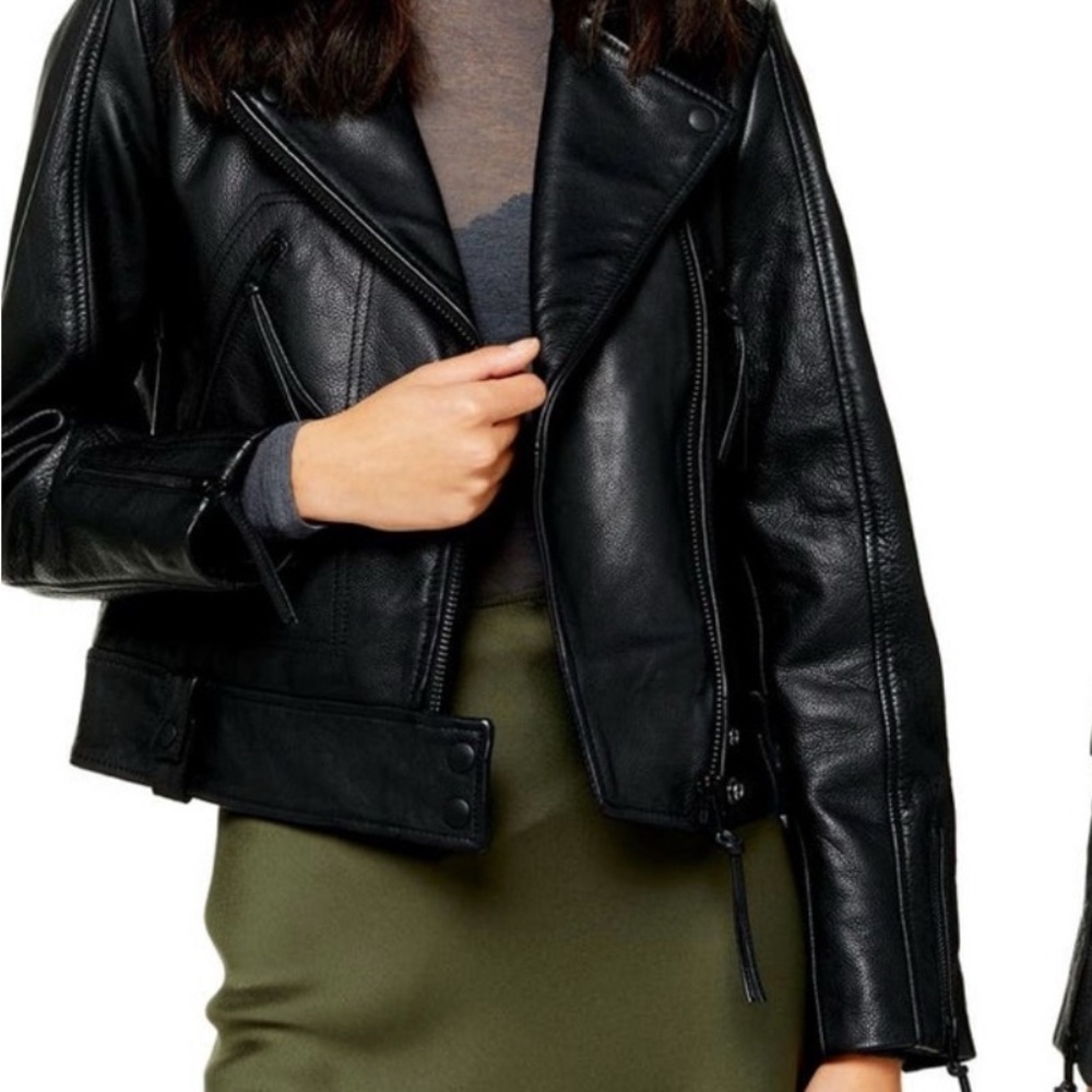 Topshop Black Leather Moto Jacket Asymmetrical Zipper
